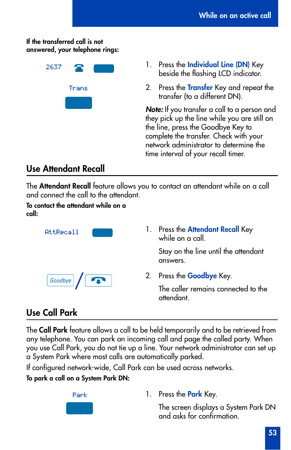 Use attendant recall, Use call park, Use attendant recall 53 use call park 53 | Nortel Networks Meridian M3905 User Manual | Page 53 / 110