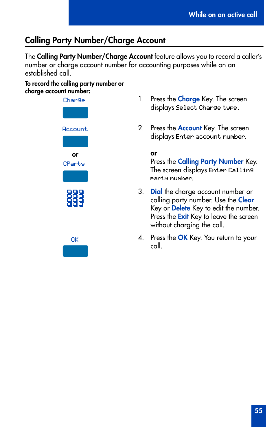 Calling party number/charge account, Calling party number/charge account 55 | Nortel Networks Meridian M3905 User Manual | Page 55 / 110