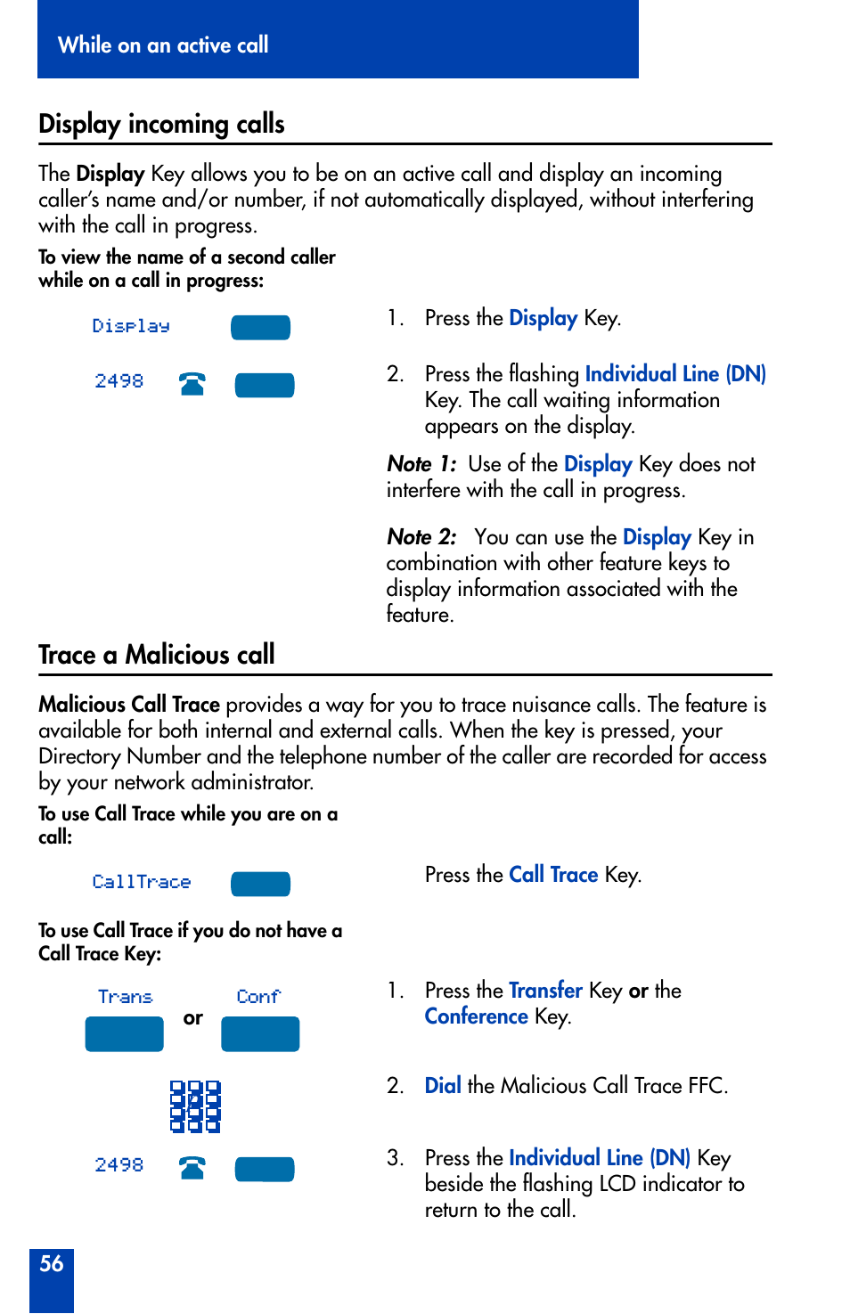 Display incoming calls, Trace a malicious call | Nortel Networks Meridian M3905 User Manual | Page 56 / 110