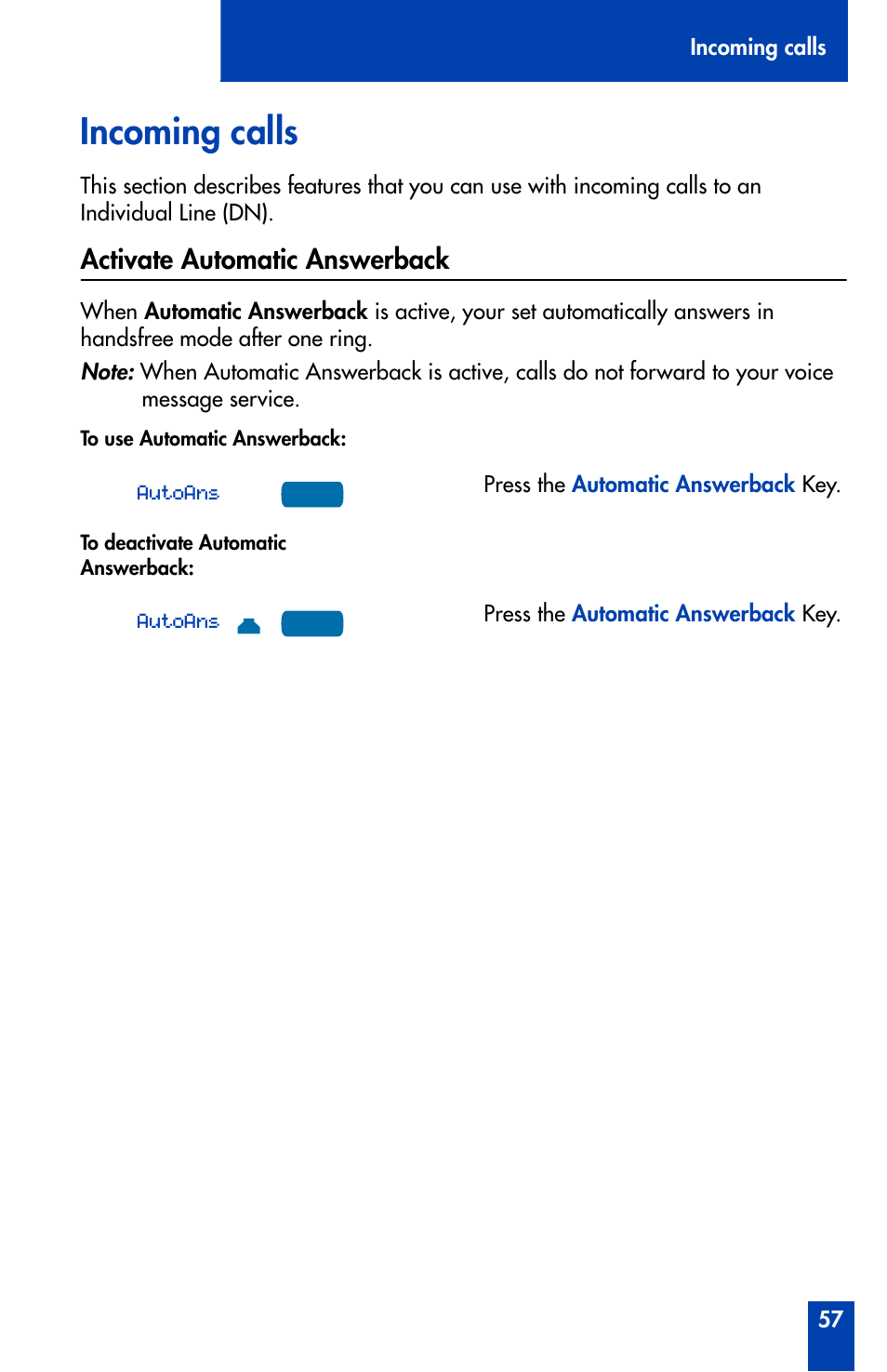 Incoming calls, Activate automatic answerback, Incoming calls 57 | Activate automatic answerback 57 | Nortel Networks Meridian M3905 User Manual | Page 57 / 110