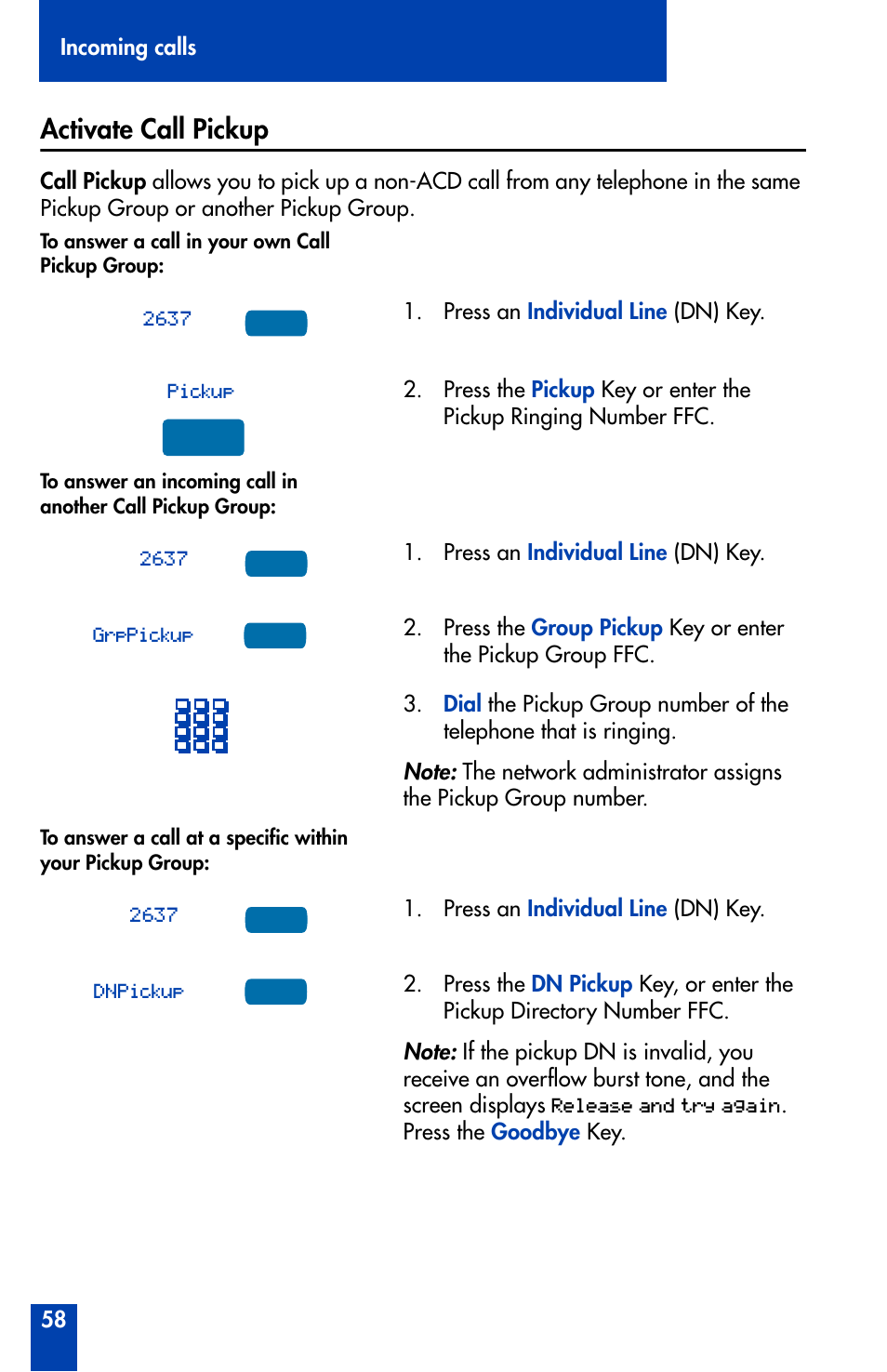Activate call pickup, Activate call pickup 58 | Nortel Networks Meridian M3905 User Manual | Page 58 / 110