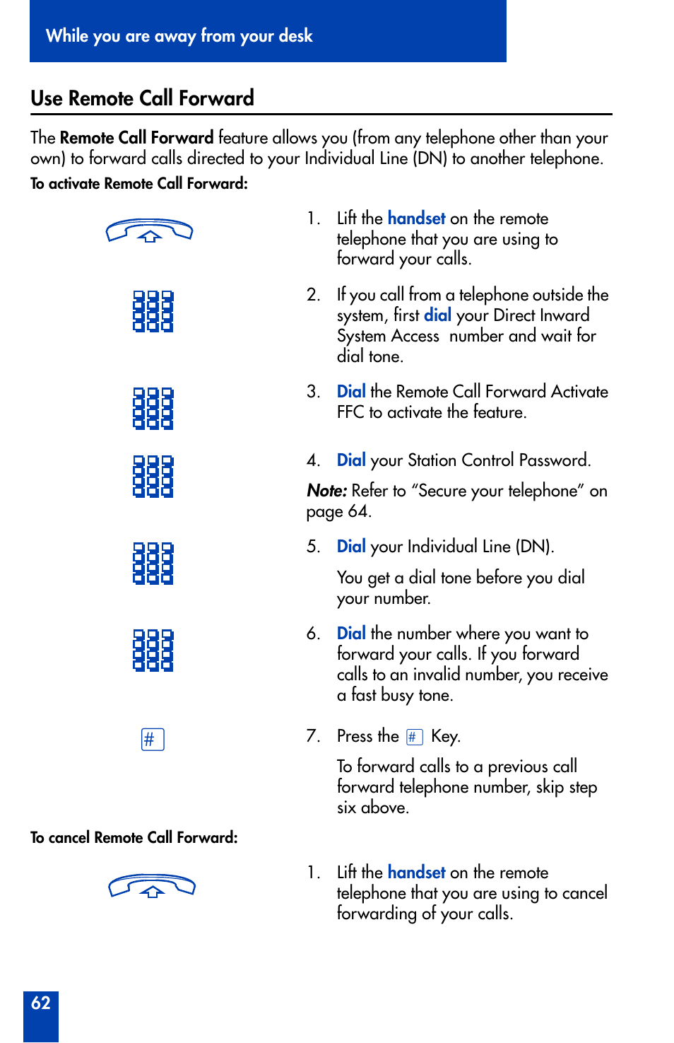 Use remote call forward, Use remote call forward 62 | Nortel Networks Meridian M3905 User Manual | Page 62 / 110