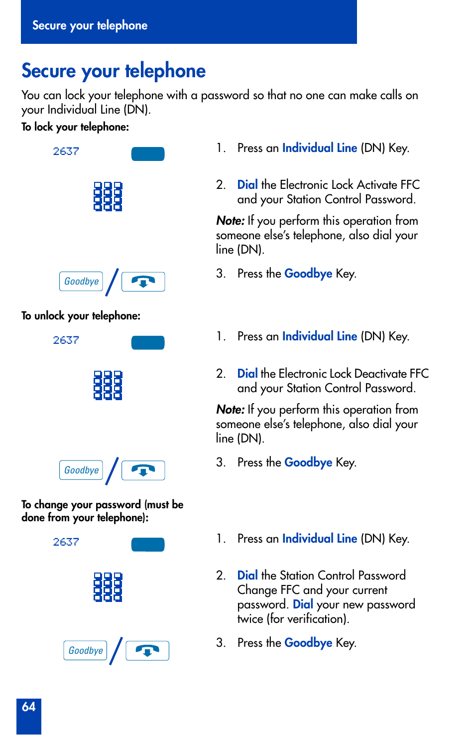 Secure your telephone, Secure your telephone 64 | Nortel Networks Meridian M3905 User Manual | Page 64 / 110