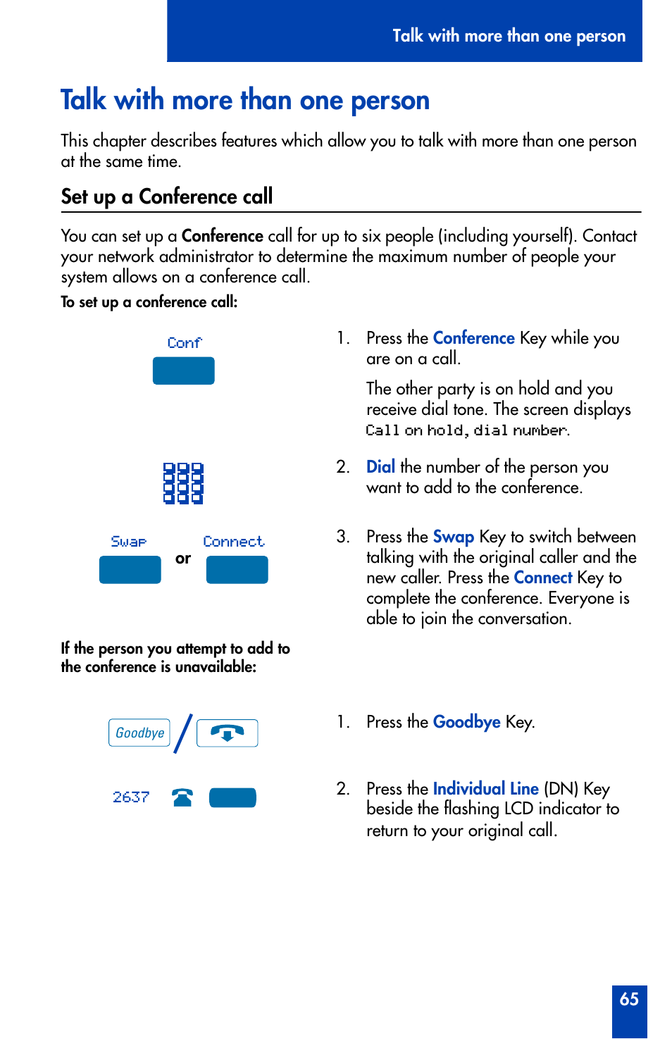 Talk with more than one person, Set up a conference call, Talk with more than one person 65 | Set up a conference call 65 | Nortel Networks Meridian M3905 User Manual | Page 65 / 110