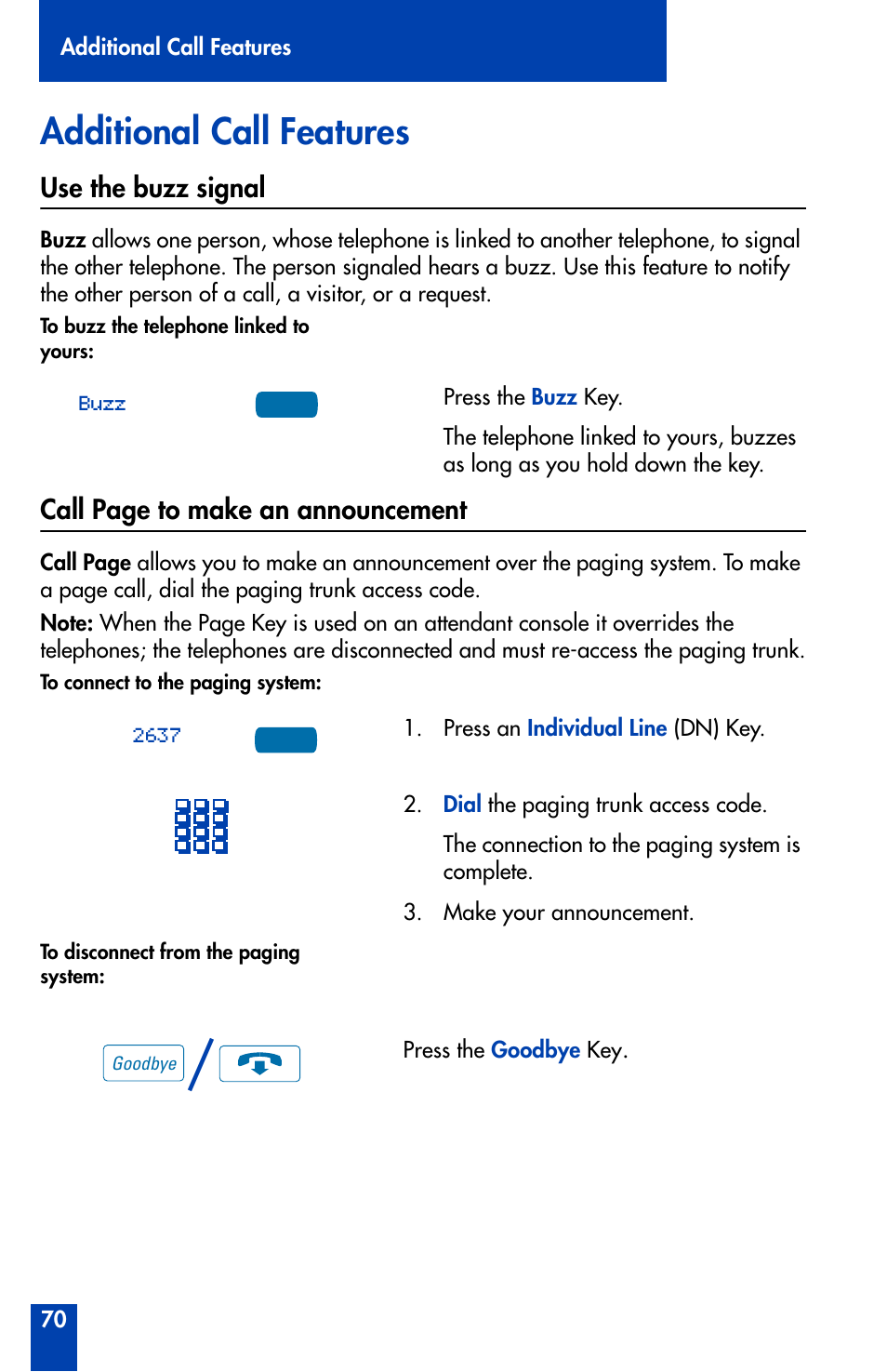 Additional call features, Use the buzz signal, Additional call features 70 | Call page to make an announcement | Nortel Networks Meridian M3905 User Manual | Page 70 / 110