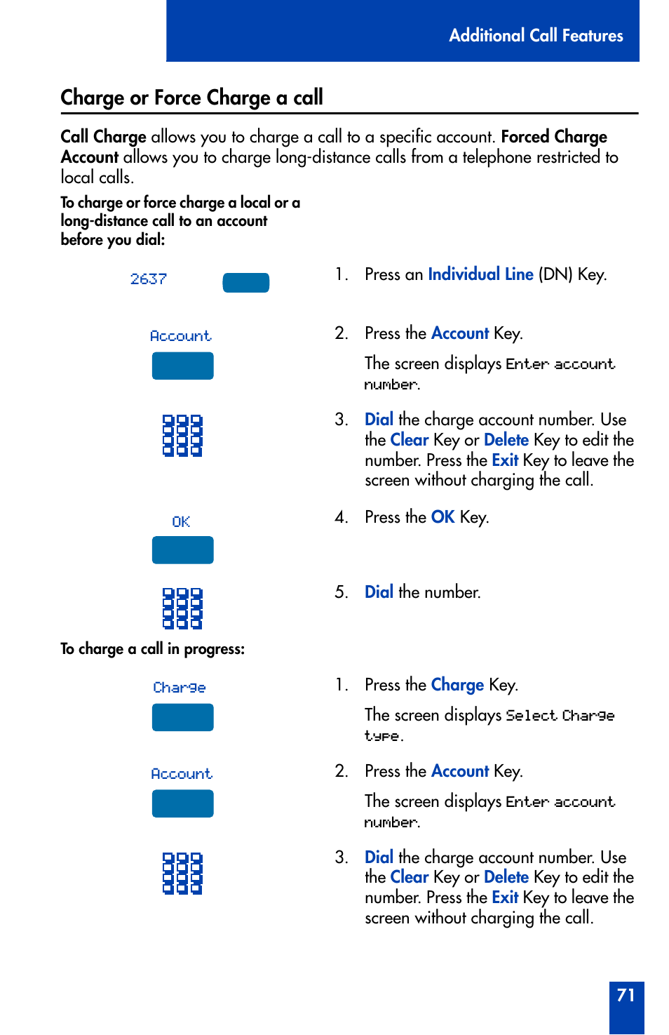Charge or force charge a call, Charge or force charge a call 71 | Nortel Networks Meridian M3905 User Manual | Page 71 / 110
