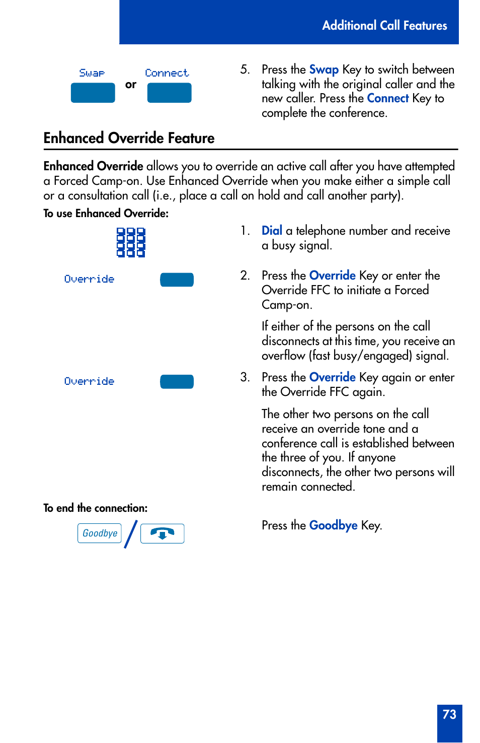 Enhanced override feature, Enhanced override feature 73 | Nortel Networks Meridian M3905 User Manual | Page 73 / 110