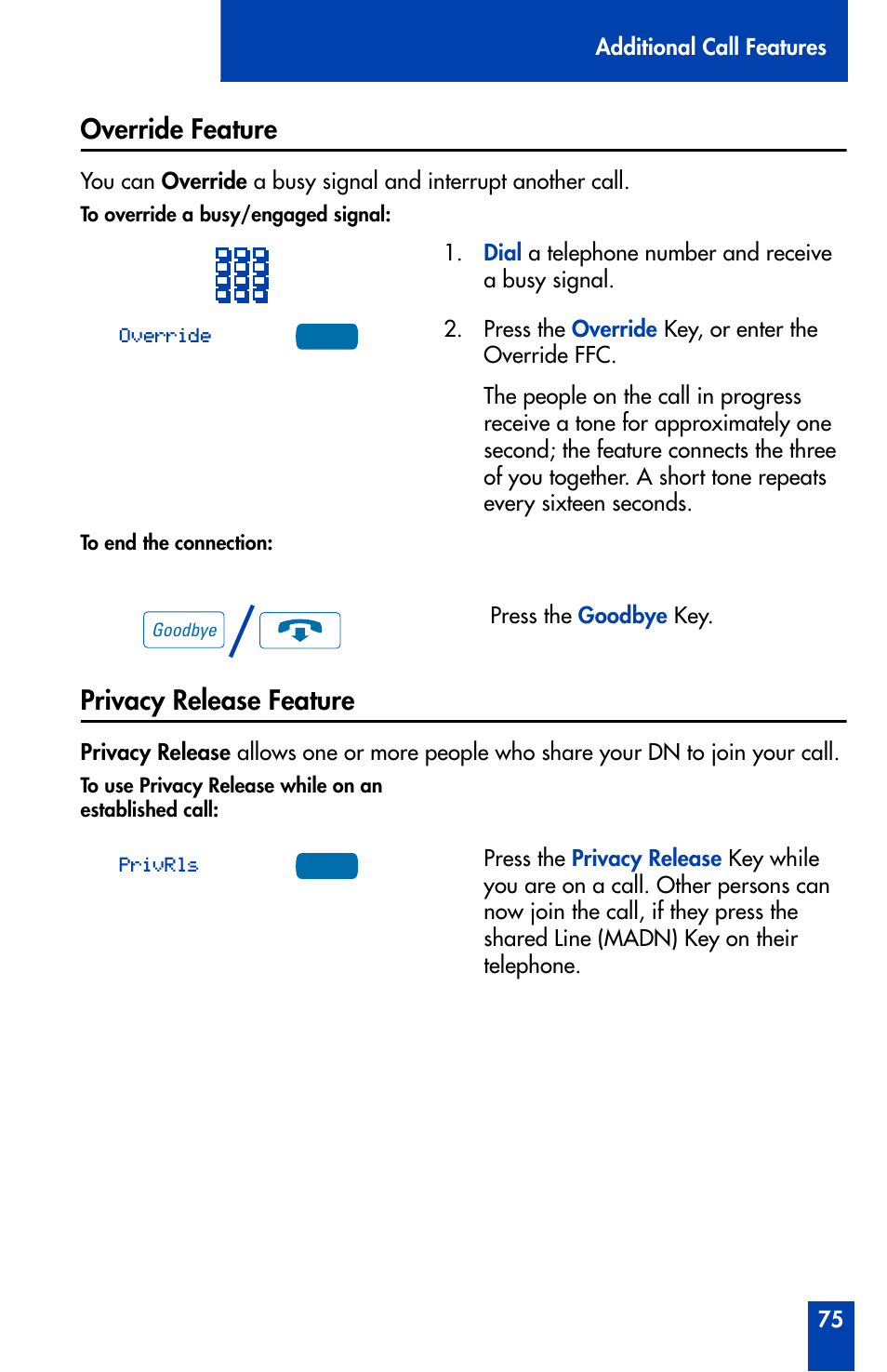Override feature, Privacy release feature, Override feature 75 privacy release feature 75 | Nortel Networks Meridian M3905 User Manual | Page 75 / 110