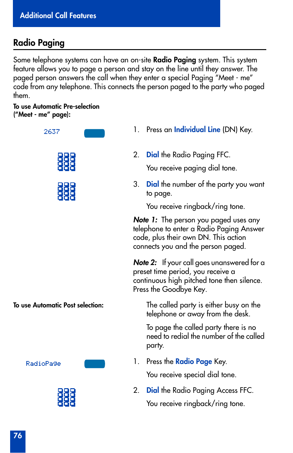 Radio paging, Radio paging 76 | Nortel Networks Meridian M3905 User Manual | Page 76 / 110