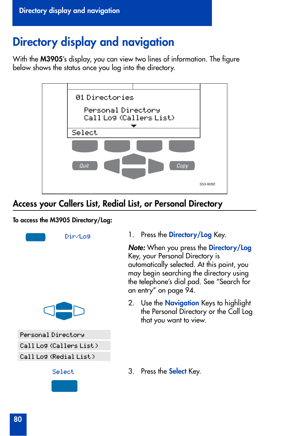 Directory display and navigation, Directory display and navigation 80 | Nortel Networks Meridian M3905 User Manual | Page 80 / 110