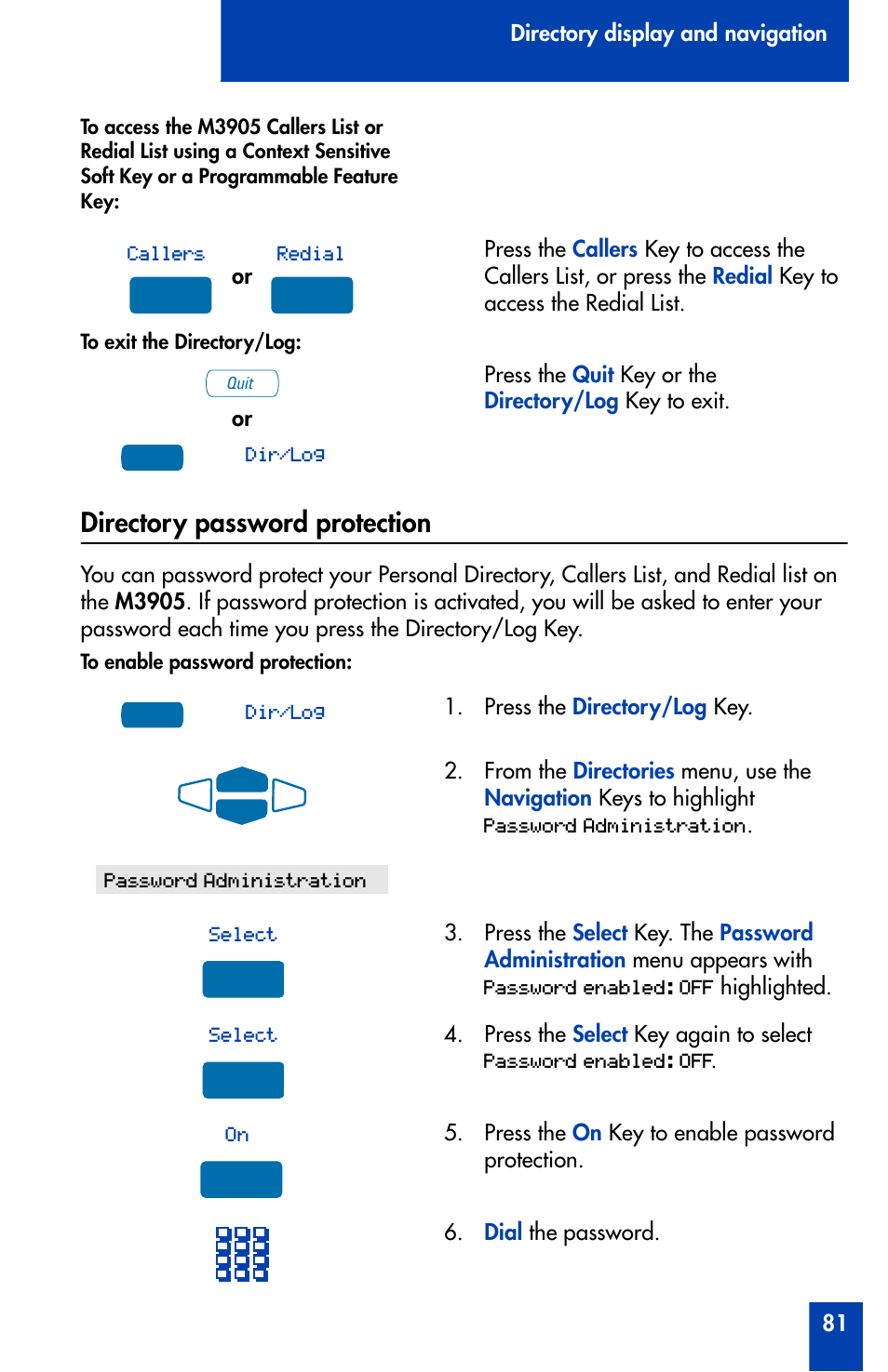 Directory password protection, Directory password protection 81 | Nortel Networks Meridian M3905 User Manual | Page 81 / 110