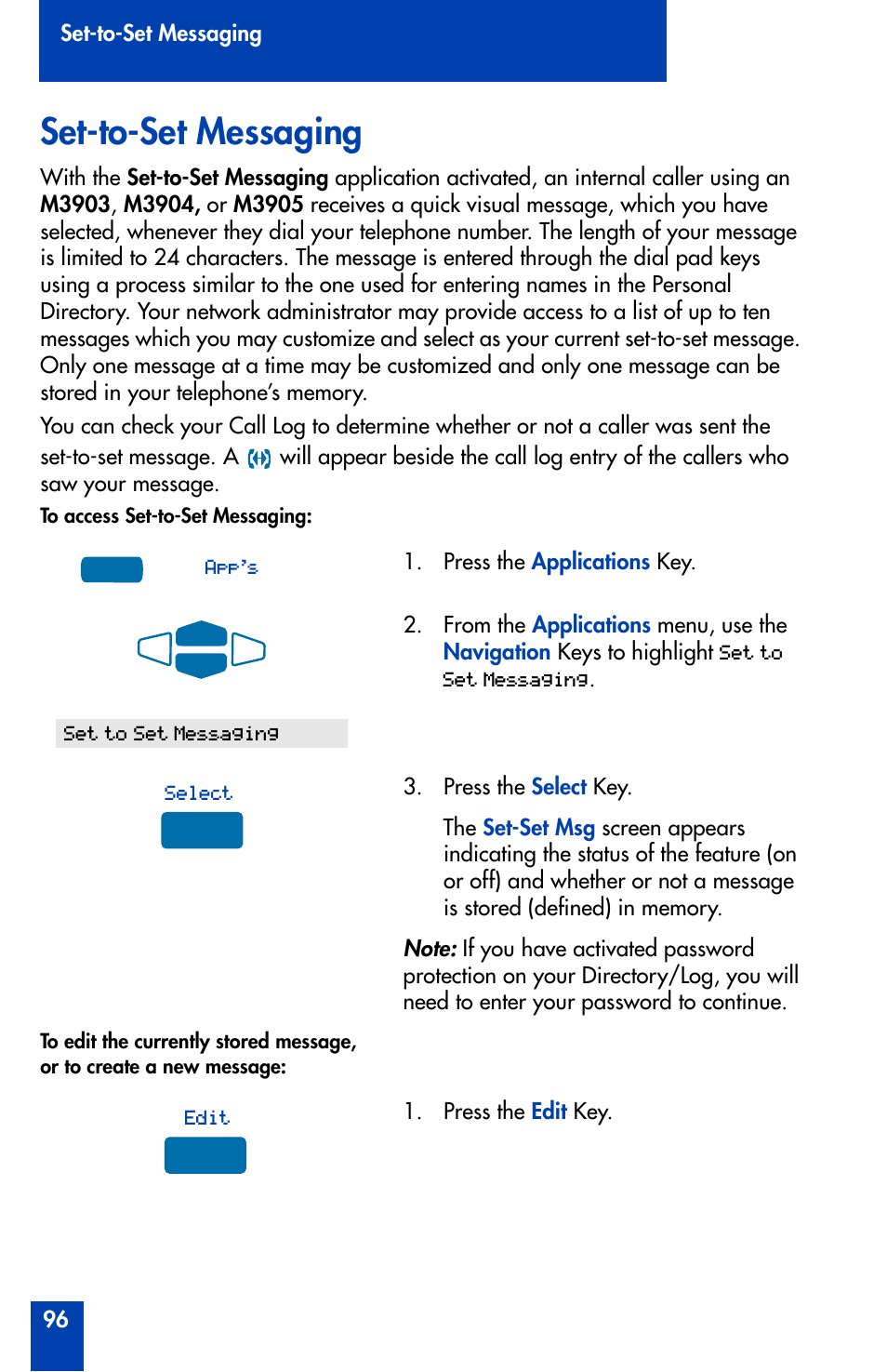 Set-to-set messaging, Set-to-set messaging 96 | Nortel Networks Meridian M3905 User Manual | Page 96 / 110