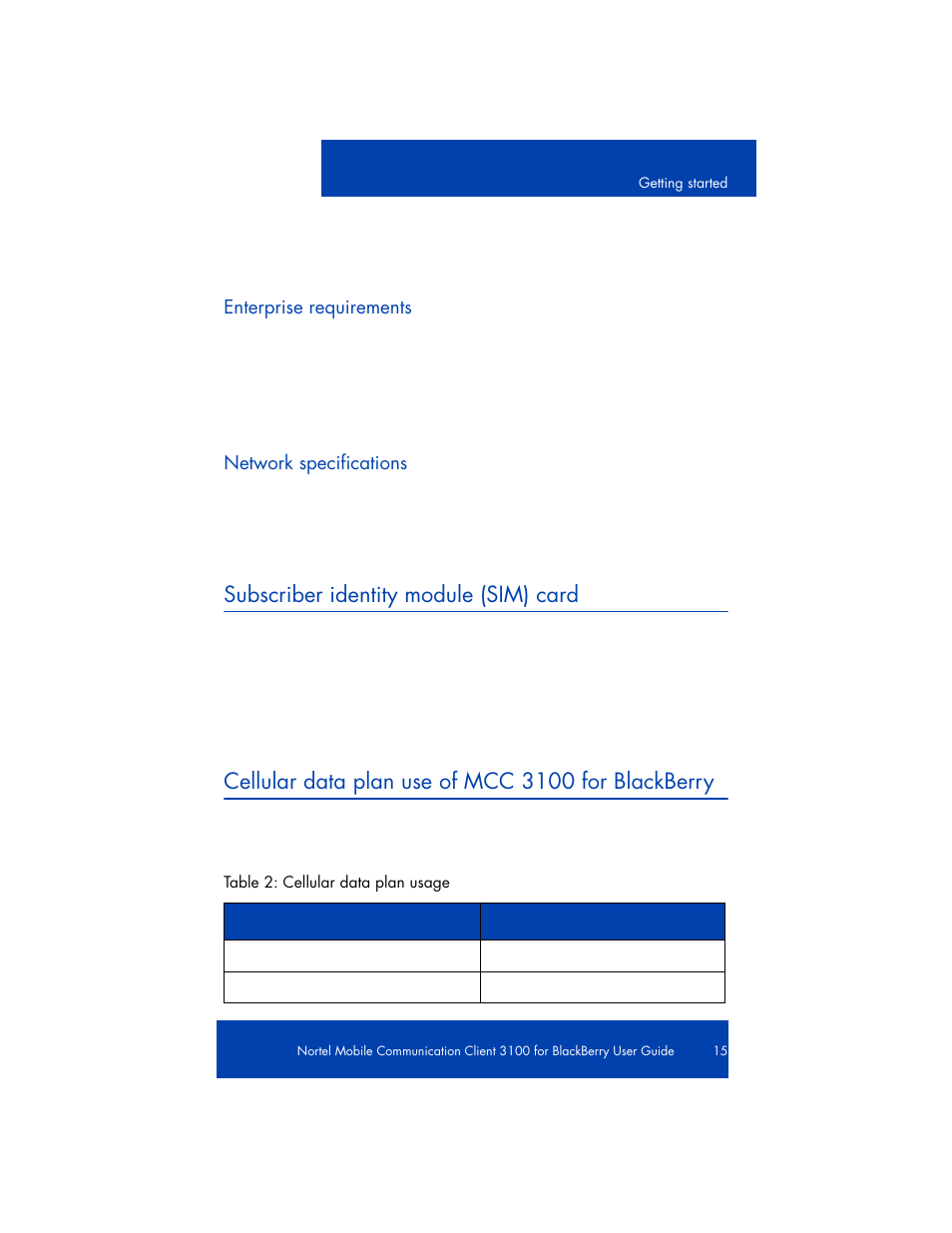 Subscriber identity module (sim) card, Cellular data plan use of mcc 3100 for blackberry | Nortel Networks NN42030-101 User Manual | Page 15 / 108
