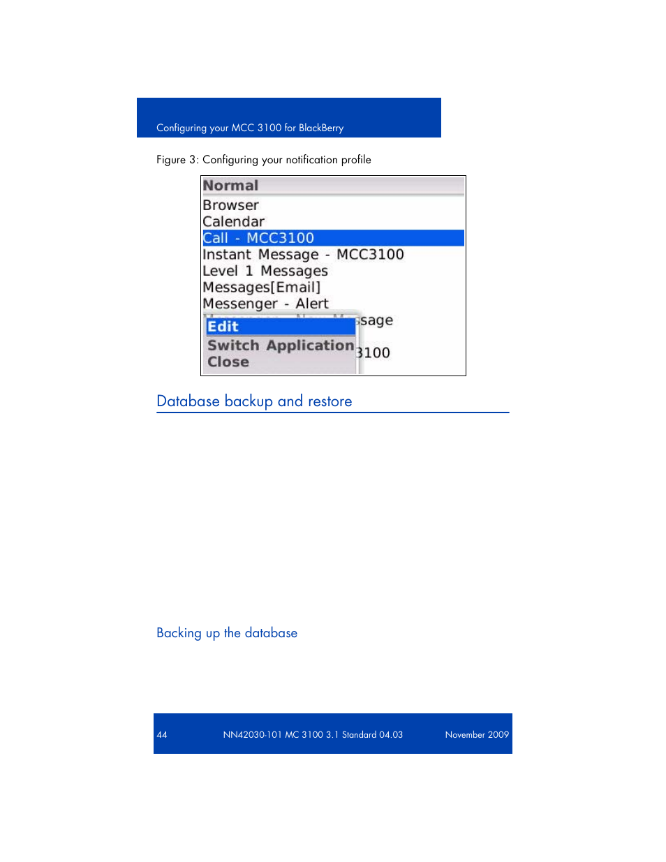 Tjormal, Edit switch application close, 3100 database backup and restore | Nortel Networks NN42030-101 User Manual | Page 44 / 108