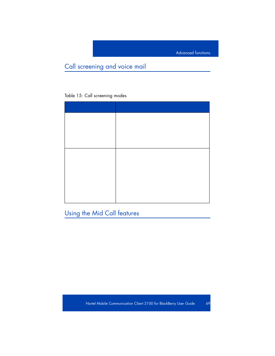 Call screening and voice mail, Using the mid call features | Nortel Networks NN42030-101 User Manual | Page 69 / 108