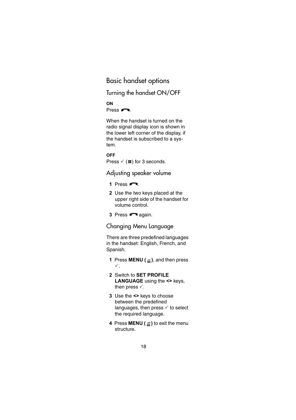 Basic handset options, Turning the handset on/off, Adjusting speaker volume | Changing menu language | Nortel Networks 744X User Manual | Page 18 / 52