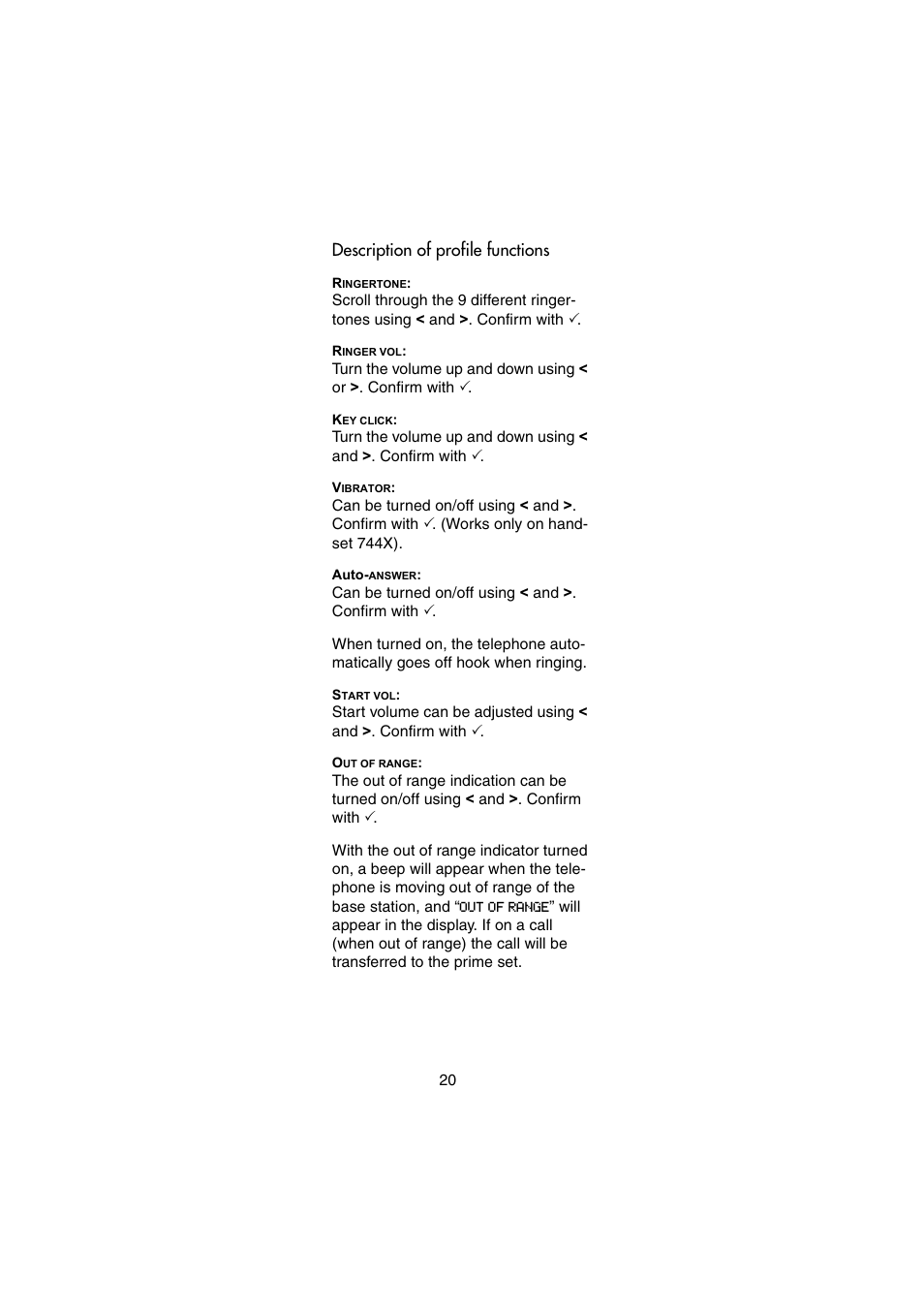 Description of profile functions | Nortel Networks 744X User Manual | Page 20 / 52