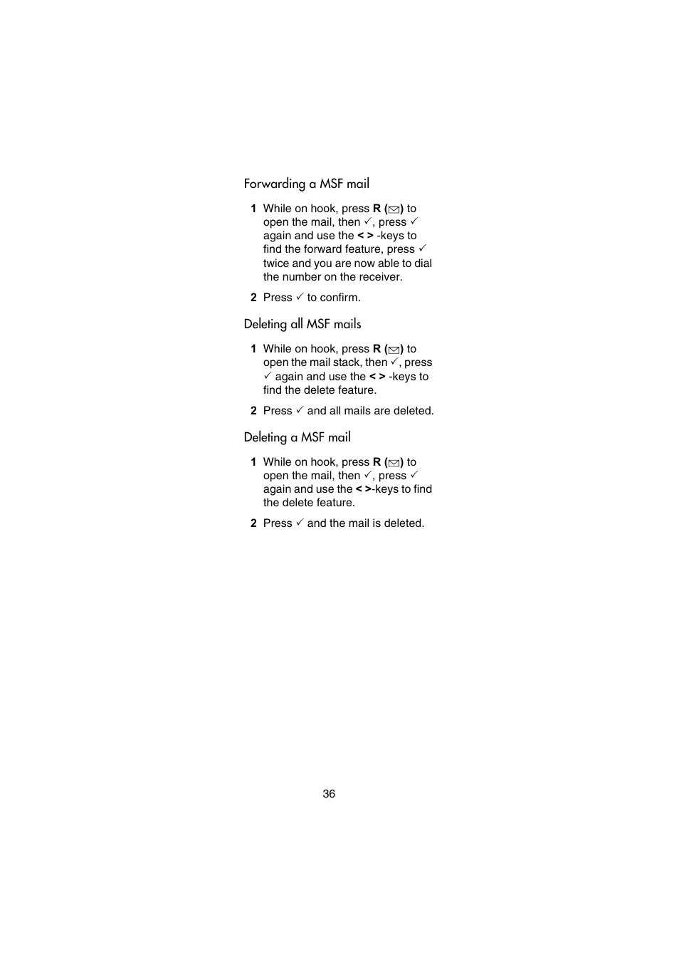 Forwarding a msf mail, Deleting all msf mails, Deleting a msf mail | Nortel Networks 744X User Manual | Page 36 / 52