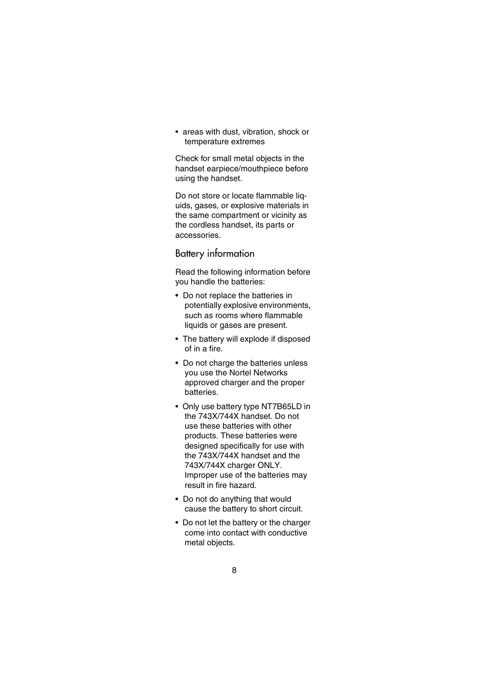 Battery information | Nortel Networks 744X User Manual | Page 8 / 52