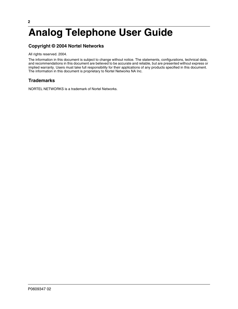 Analog telephone user guide | Nortel Networks P0609347 02 User Manual | Page 2 / 8