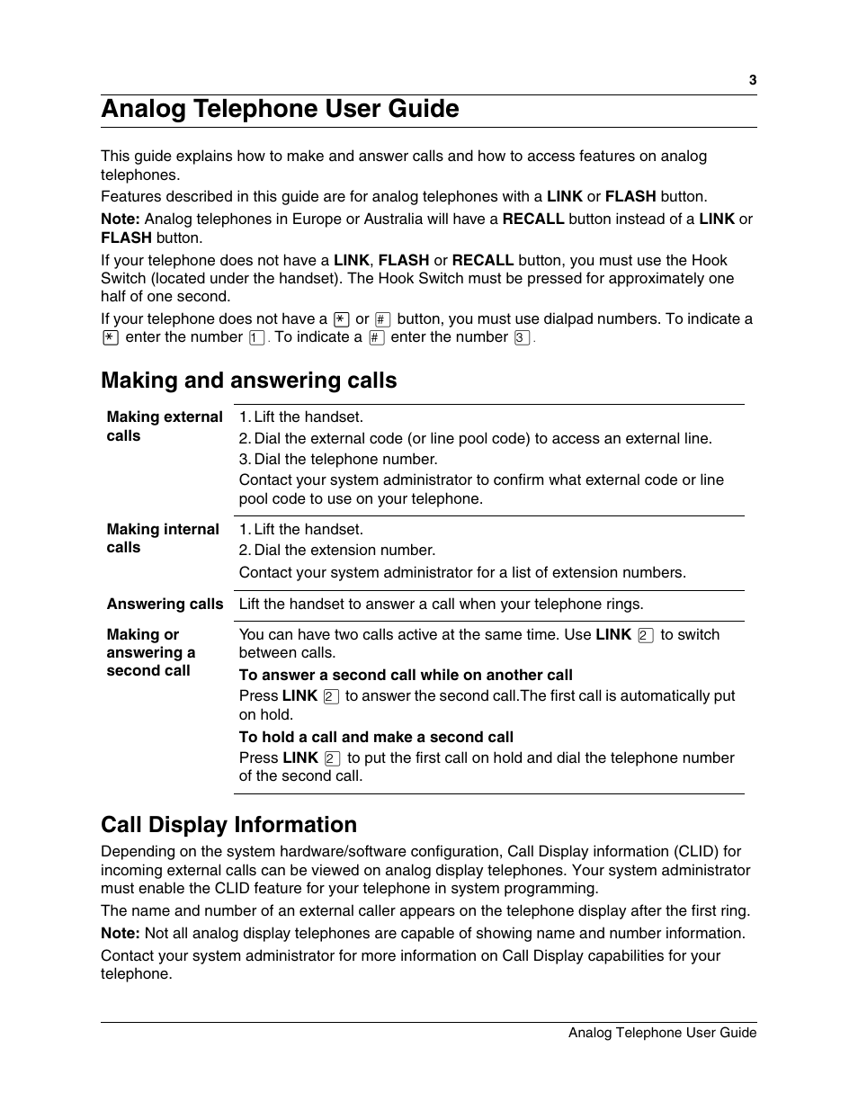 Making and answering calls, Call display information, Analog telephone user guide | Nortel Networks P0609347 02 User Manual | Page 3 / 8