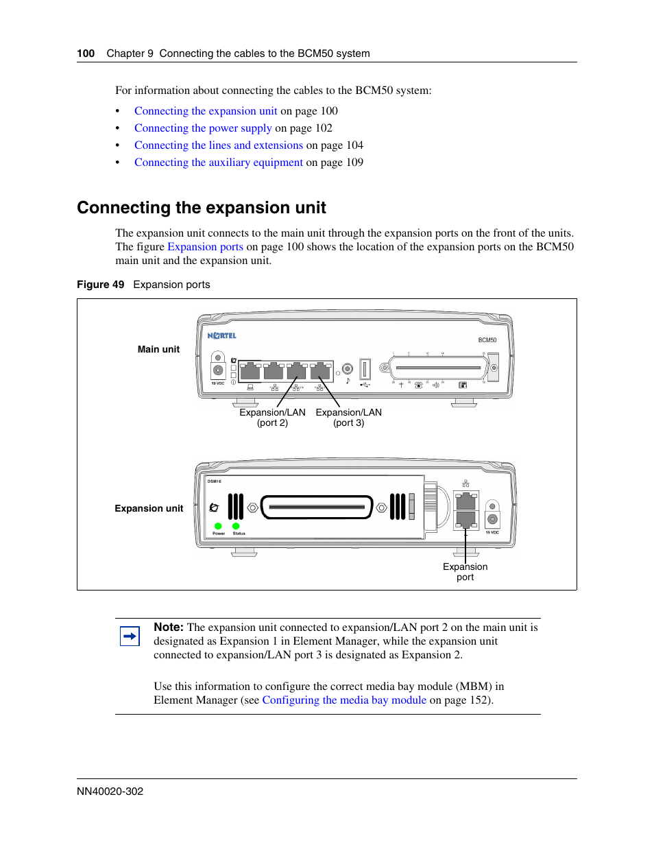 Connecting the expansion unit | Nortel Networks BCM50 User Manual | Page 100 / 280