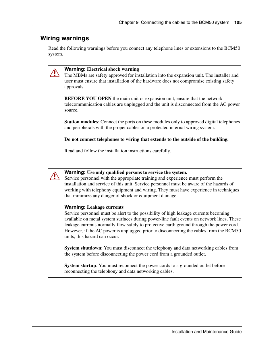 Wiring warnings | Nortel Networks BCM50 User Manual | Page 105 / 280