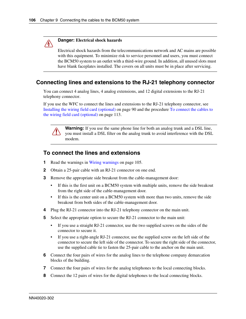 To connect the lines and extensions | Nortel Networks BCM50 User Manual | Page 106 / 280