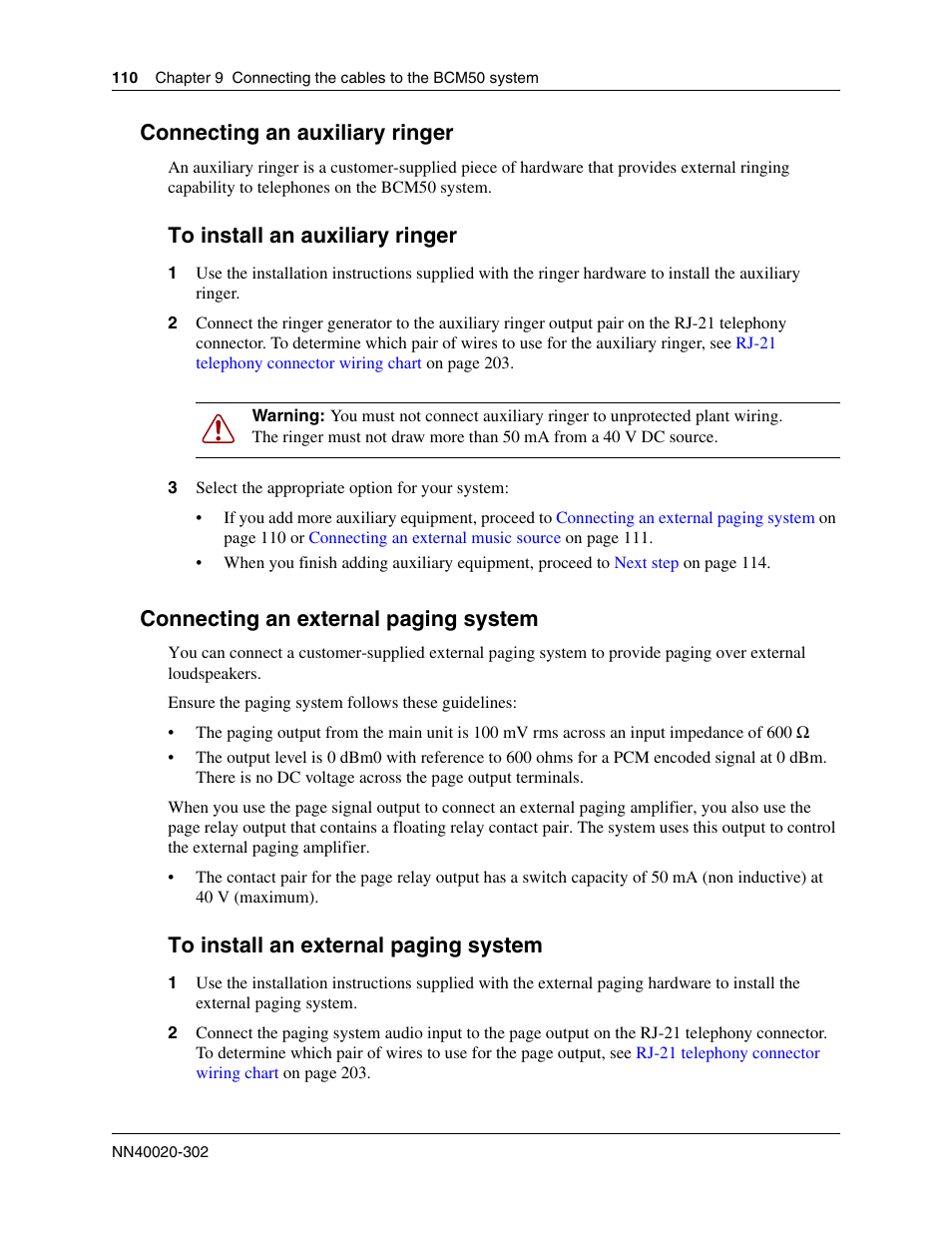 Connecting an auxiliary ringer, Connecting an external paging system | Nortel Networks BCM50 User Manual | Page 110 / 280