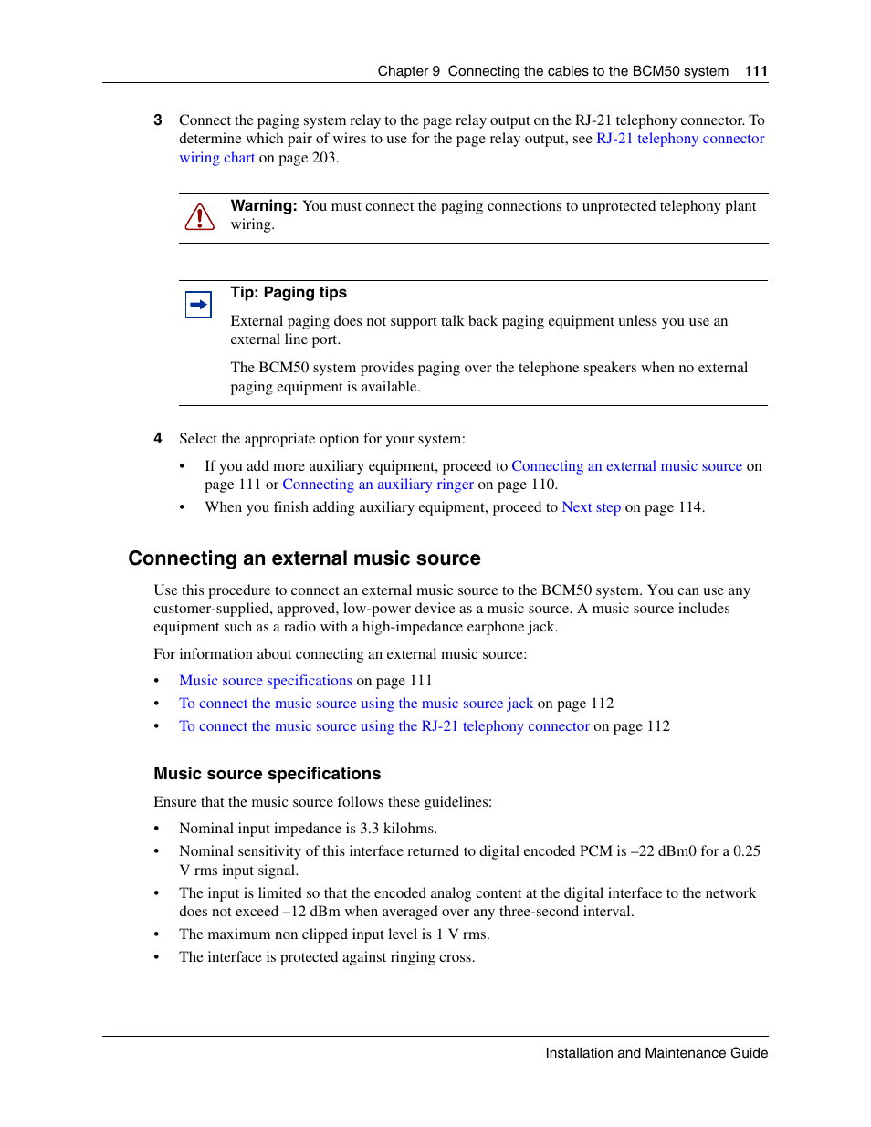 Connecting an external music source | Nortel Networks BCM50 User Manual | Page 111 / 280