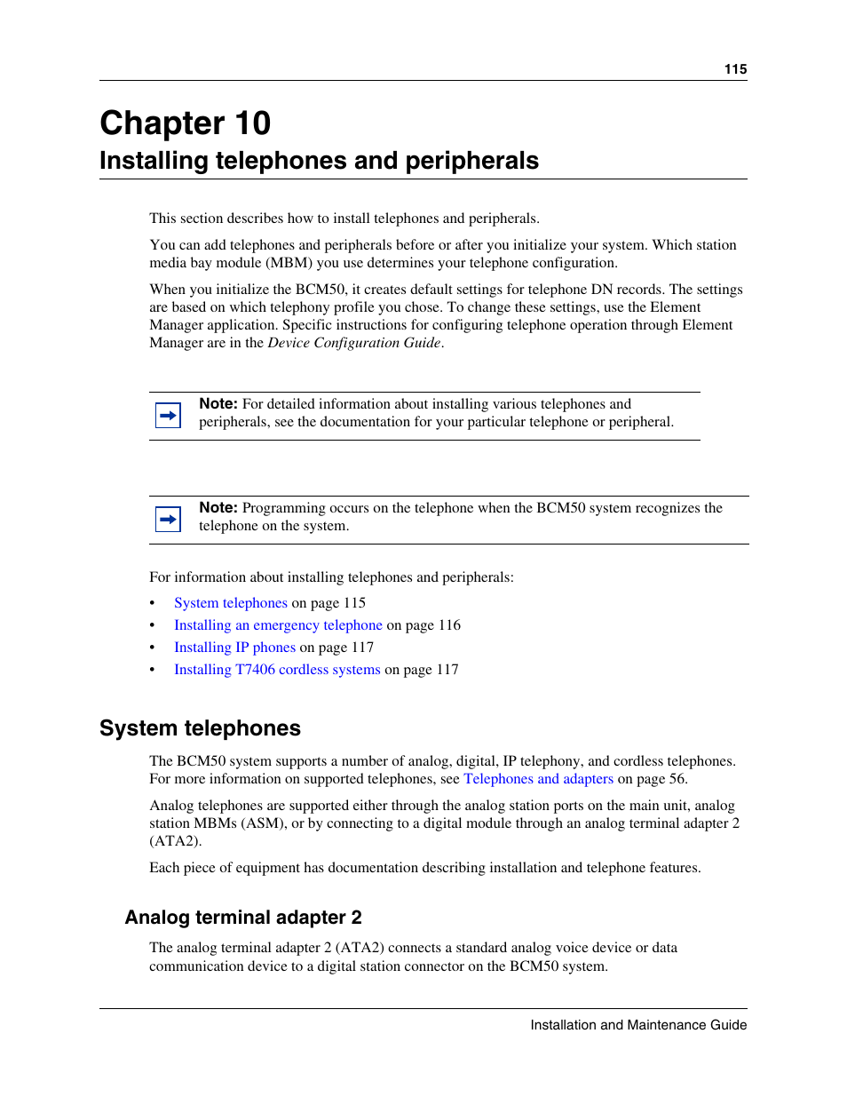 Installing telephones and peripherals, System telephones, Analog terminal adapter 2 | Chapter 10 installing telephones and peripherals, Chapter 10 | Nortel Networks BCM50 User Manual | Page 115 / 280