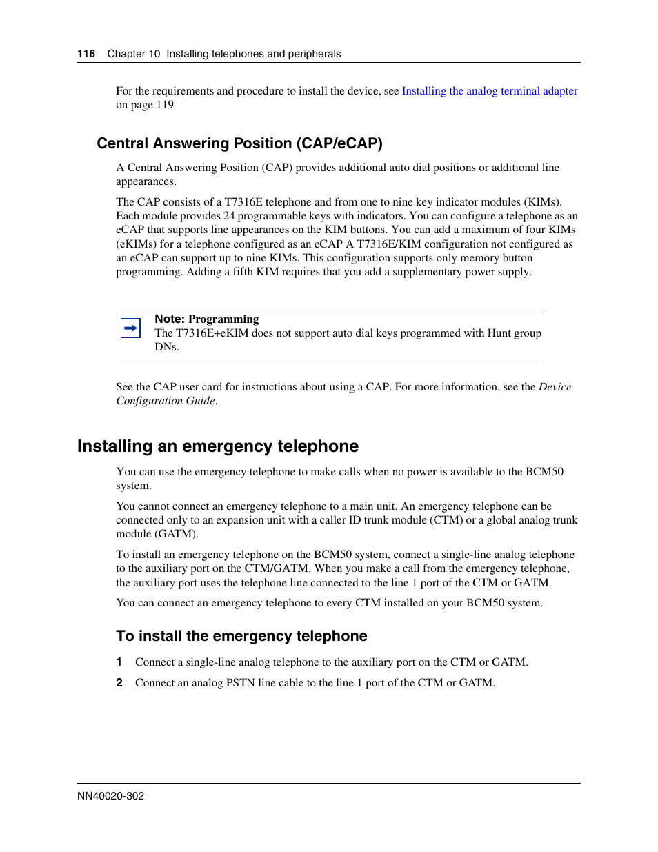 Central answering position (cap/ecap), Installing an emergency telephone, To install the emergency telephone | Nortel Networks BCM50 User Manual | Page 116 / 280