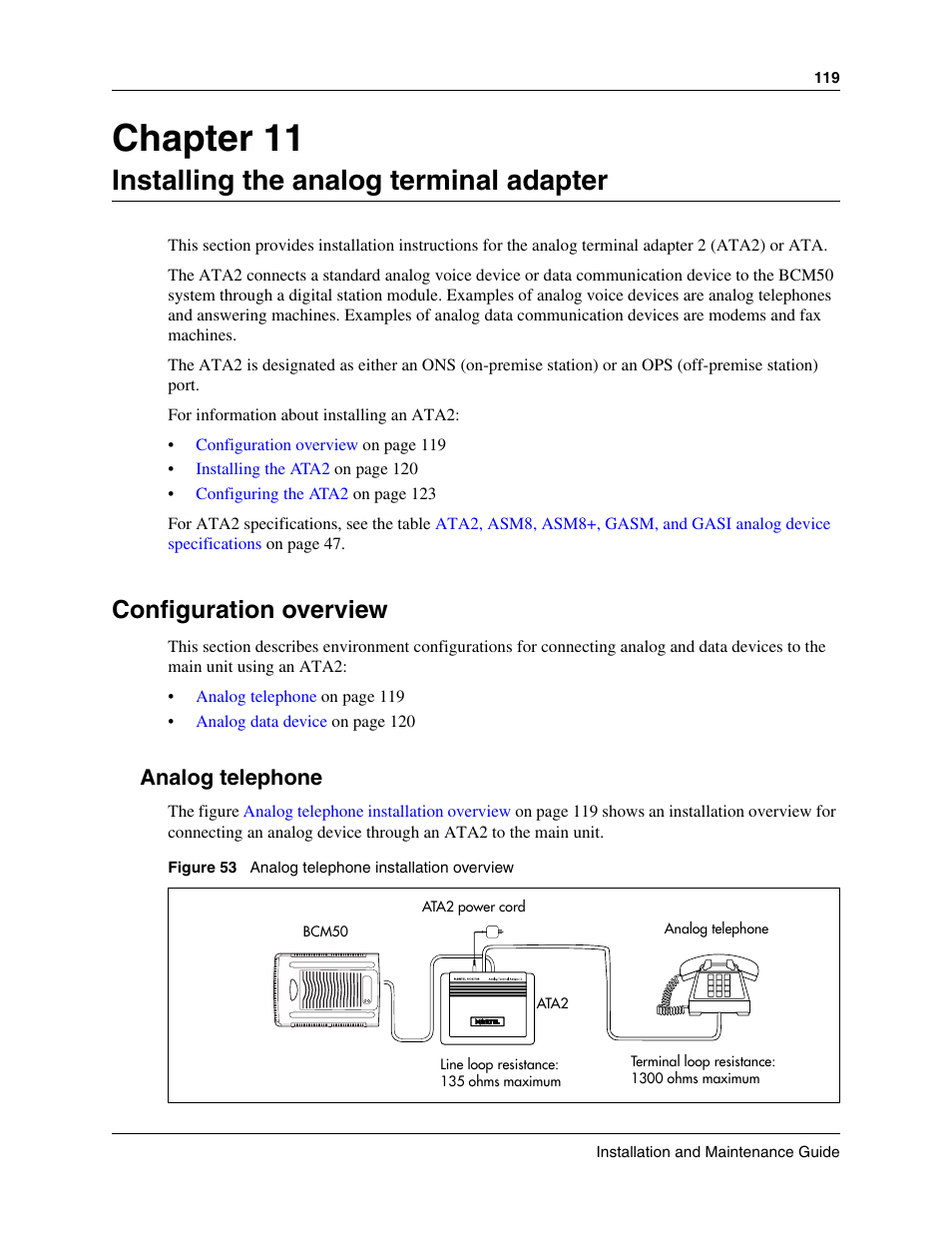 Installing the analog terminal adapter, Configuration overview, Analog telephone | Chapter 11 installing the analog terminal adapter, Chapter 11 | Nortel Networks BCM50 User Manual | Page 119 / 280