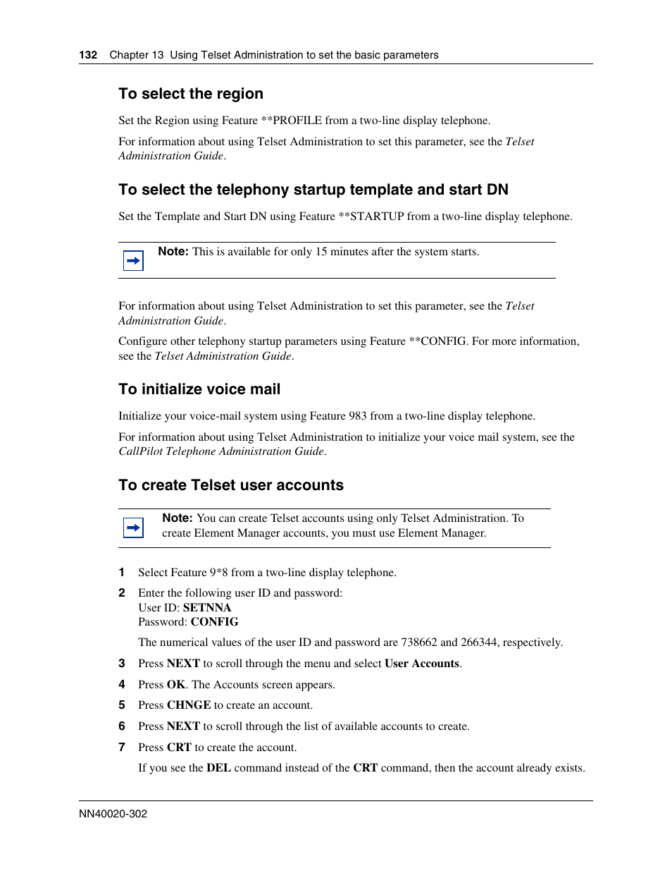 To select the region, To initialize voice mail, To create telset user accounts | Nortel Networks BCM50 User Manual | Page 132 / 280