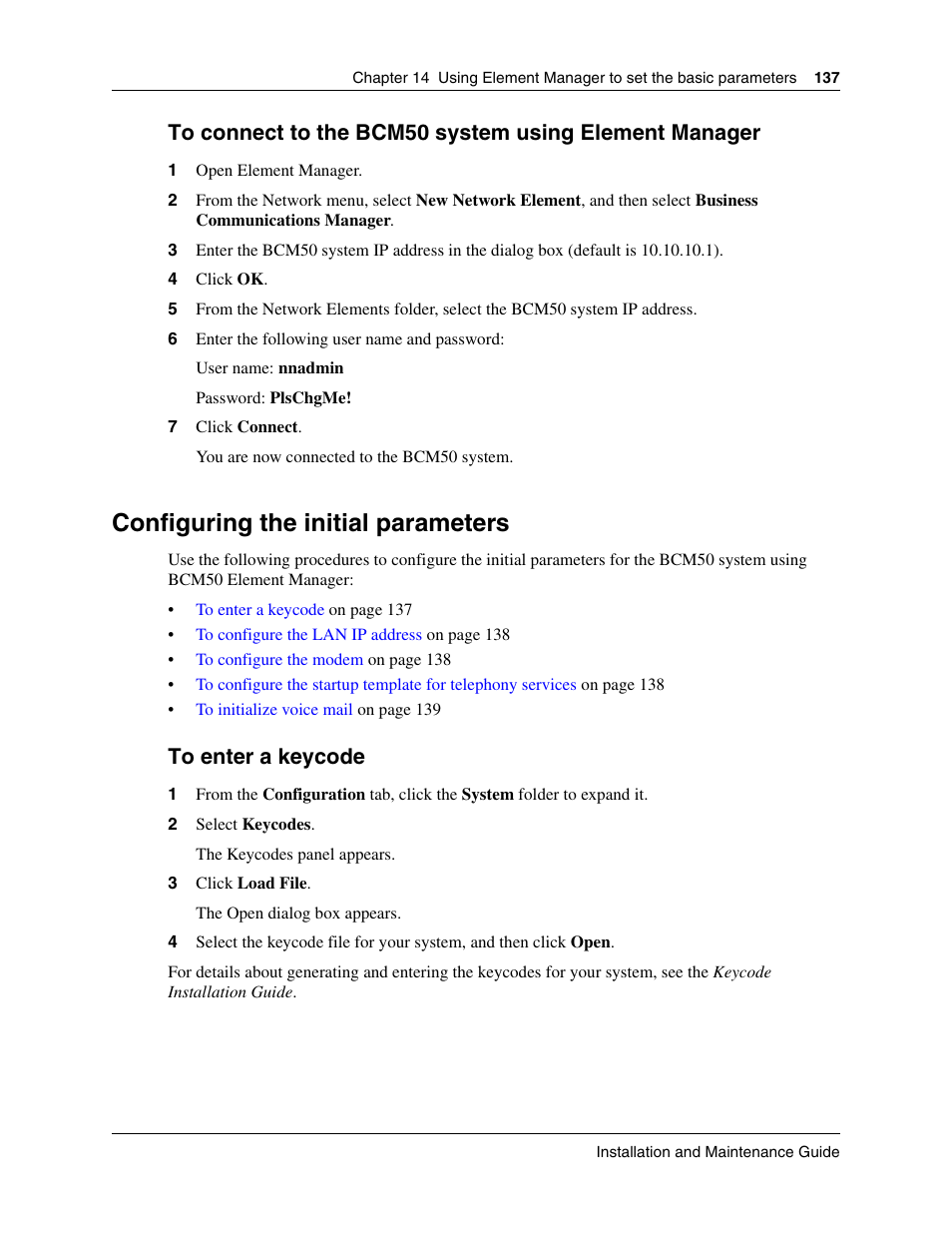 Configuring the initial parameters | Nortel Networks BCM50 User Manual | Page 137 / 280