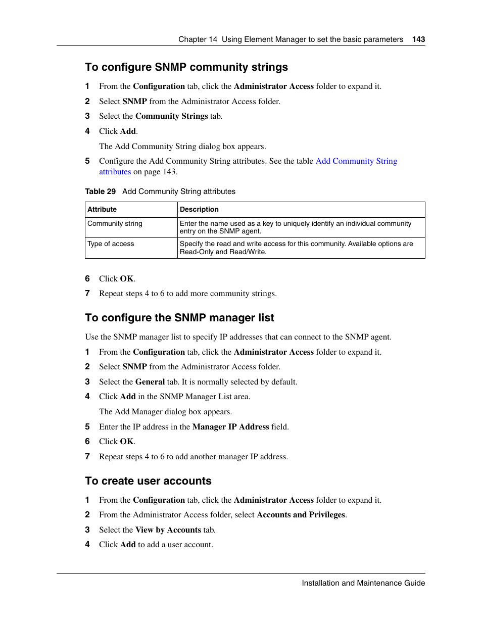 Create user accounts, To configure snmp community strings, To configure the snmp manager list | To create user accounts | Nortel Networks BCM50 User Manual | Page 143 / 280