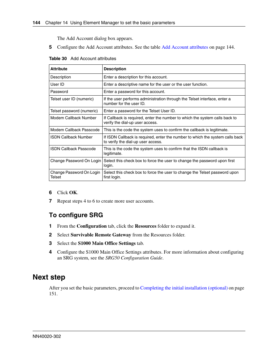 Next step, To configure srg | Nortel Networks BCM50 User Manual | Page 144 / 280