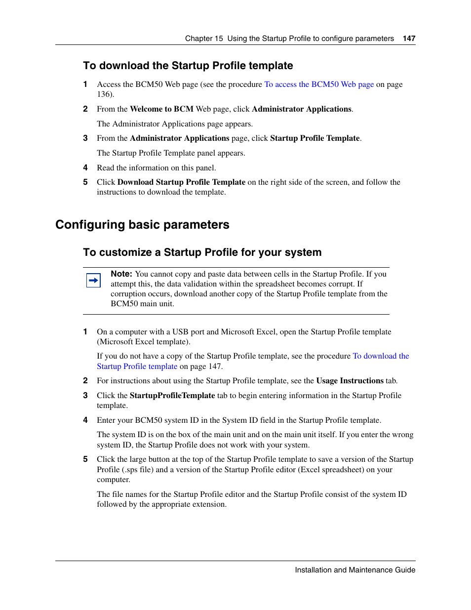 Configuring basic parameters, To download the startup profile template | Nortel Networks BCM50 User Manual | Page 147 / 280