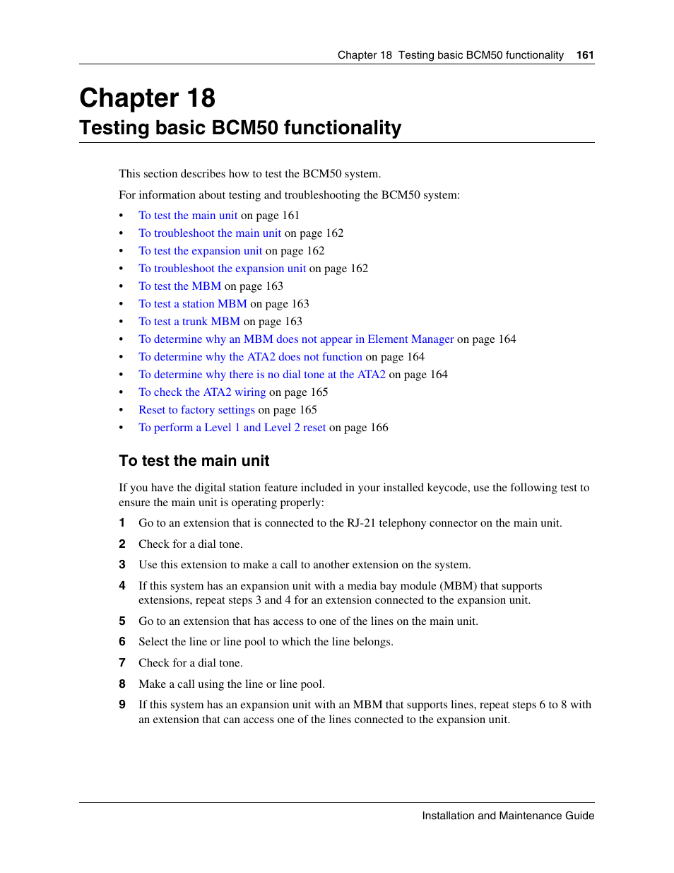 Testing basic bcm50 functionality, To test the main unit, Chapter 18 testing basic bcm50 functionality | Chapter 18 | Nortel Networks BCM50 User Manual | Page 161 / 280