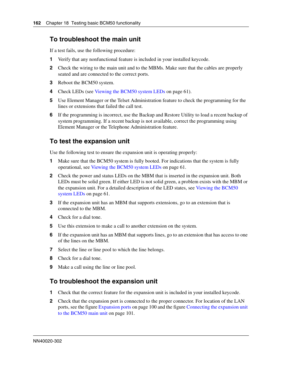 To troubleshoot the main unit, To test the expansion unit, To troubleshoot the expansion unit | Nortel Networks BCM50 User Manual | Page 162 / 280