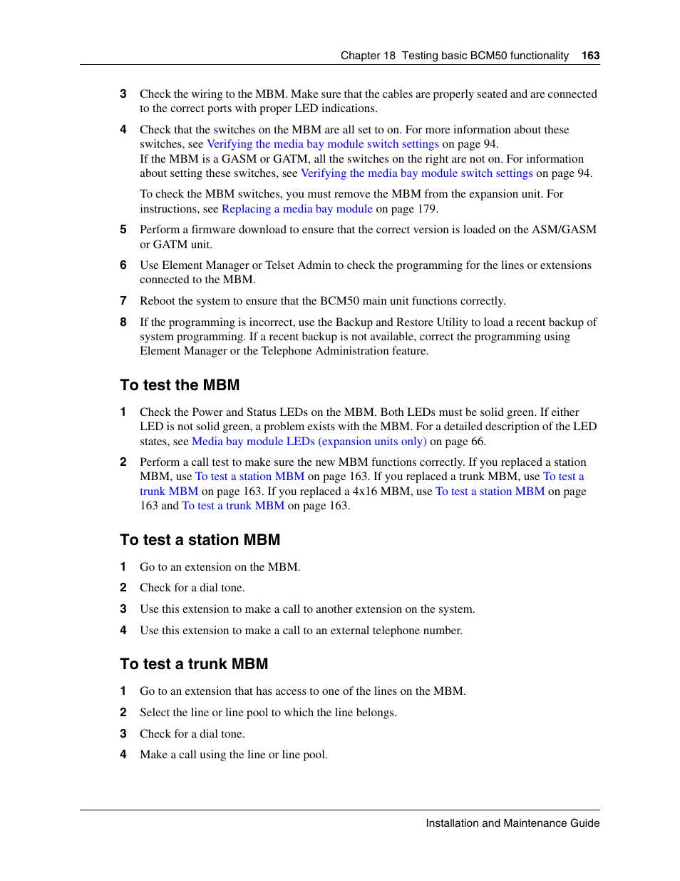 To test the mbm, To test a station mbm, To test a trunk mbm | Nortel Networks BCM50 User Manual | Page 163 / 280