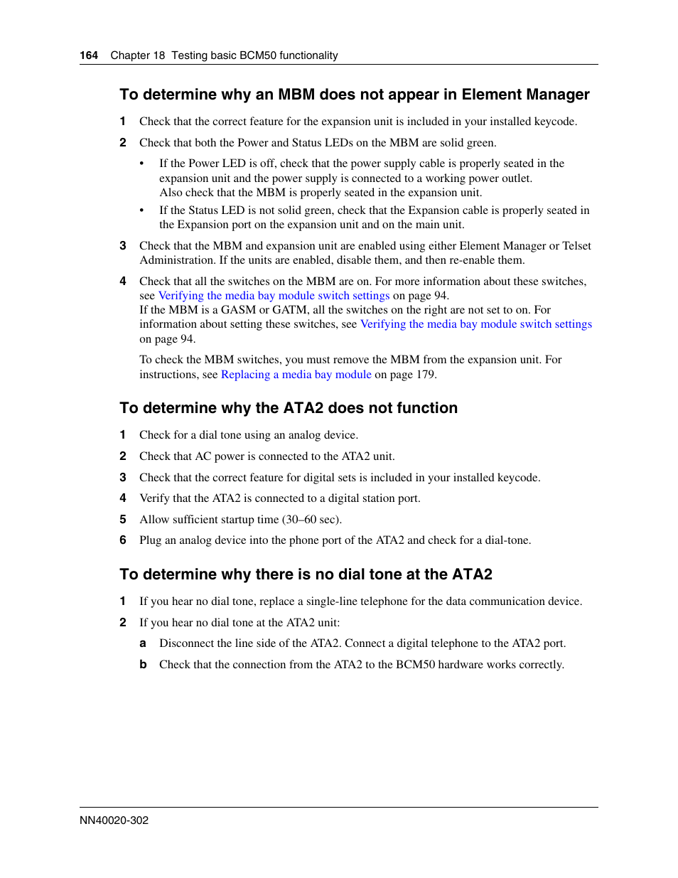 To determine why the ata2 does not function, To determine why there is no dial tone at the ata2 | Nortel Networks BCM50 User Manual | Page 164 / 280