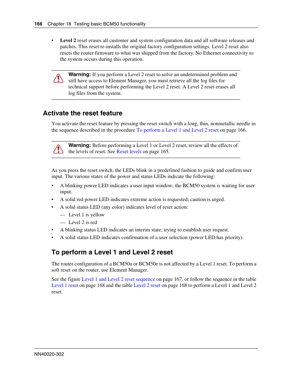 Activate the reset feature, To perform a level 1 and level 2 reset | Nortel Networks BCM50 User Manual | Page 166 / 280