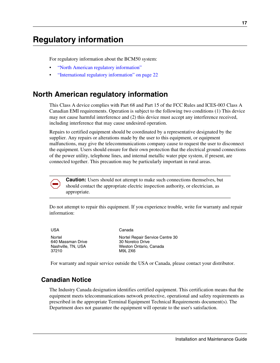 Regulatory information, North american regulatory information, Canadian notice | Nortel Networks BCM50 User Manual | Page 17 / 280