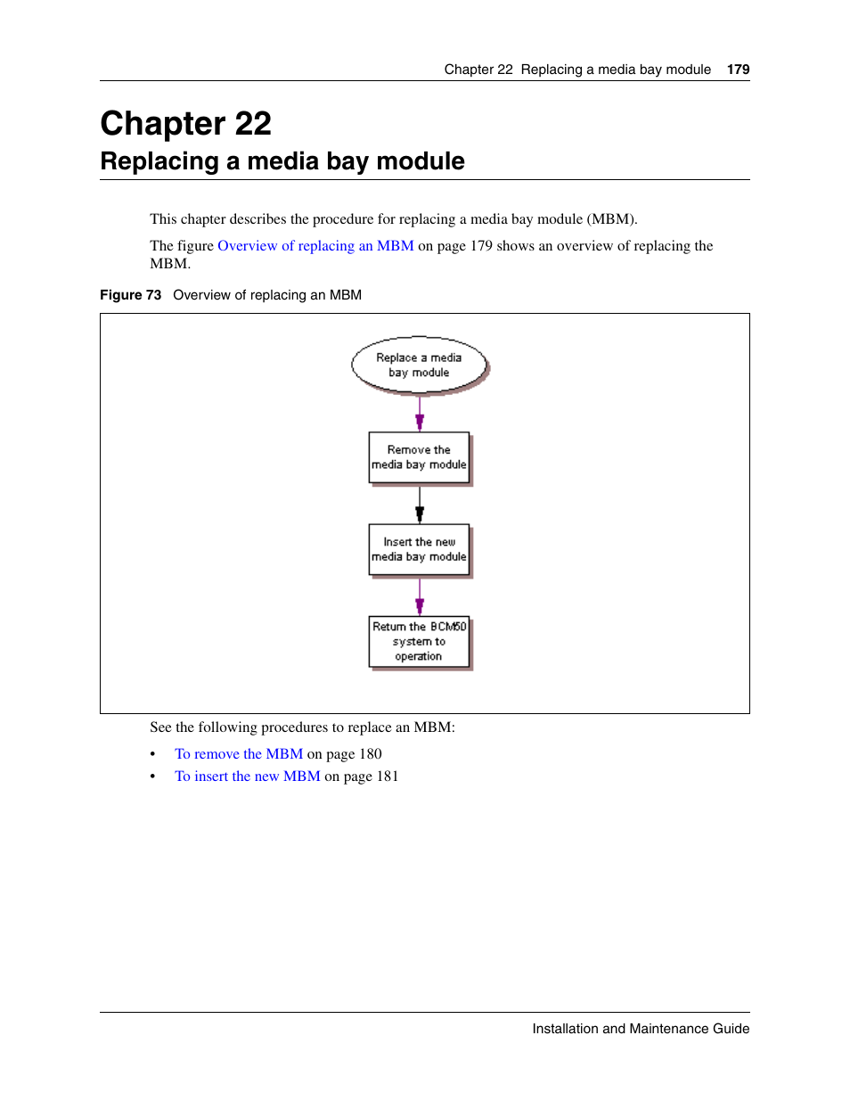 Replacing a media bay module, Chapter 22 replacing a media bay module, Ructions, see | Chapter 22 | Nortel Networks BCM50 User Manual | Page 179 / 280