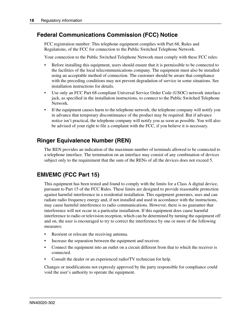 Federal communications commission (fcc) notice, Ringer equivalence number (ren), Emi/emc (fcc part 15) | Nortel Networks BCM50 User Manual | Page 18 / 280