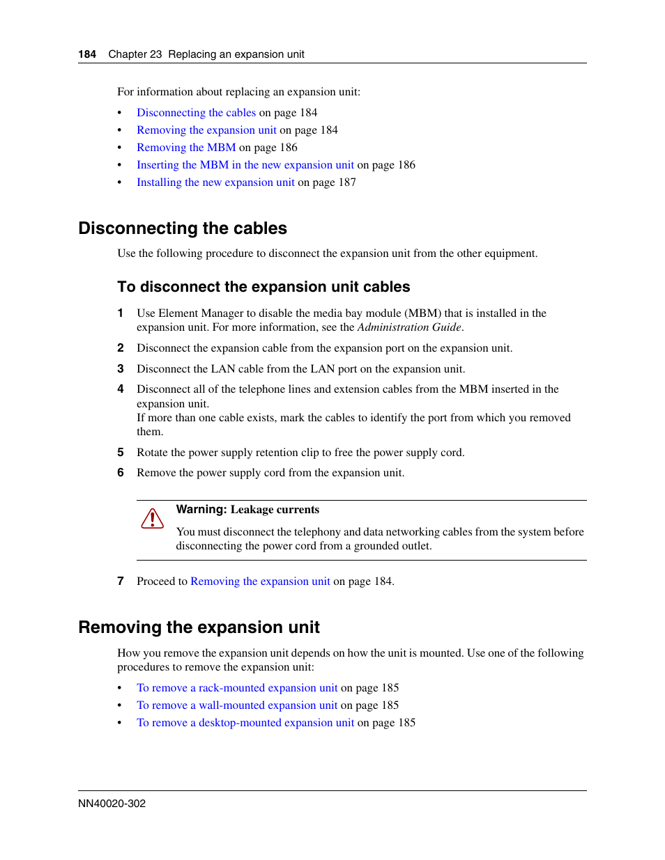 Disconnecting the cables, Removing the expansion unit, To disconnect the expansion unit cables | Nortel Networks BCM50 User Manual | Page 184 / 280