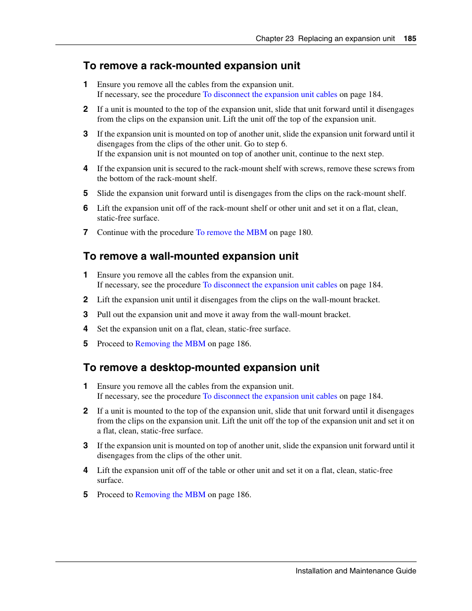 To remove a wall-mounted, Expansion unit, To remove a rack-mounted expansion unit | To remove a wall-mounted expansion unit, To remove a desktop-mounted expansion unit | Nortel Networks BCM50 User Manual | Page 185 / 280