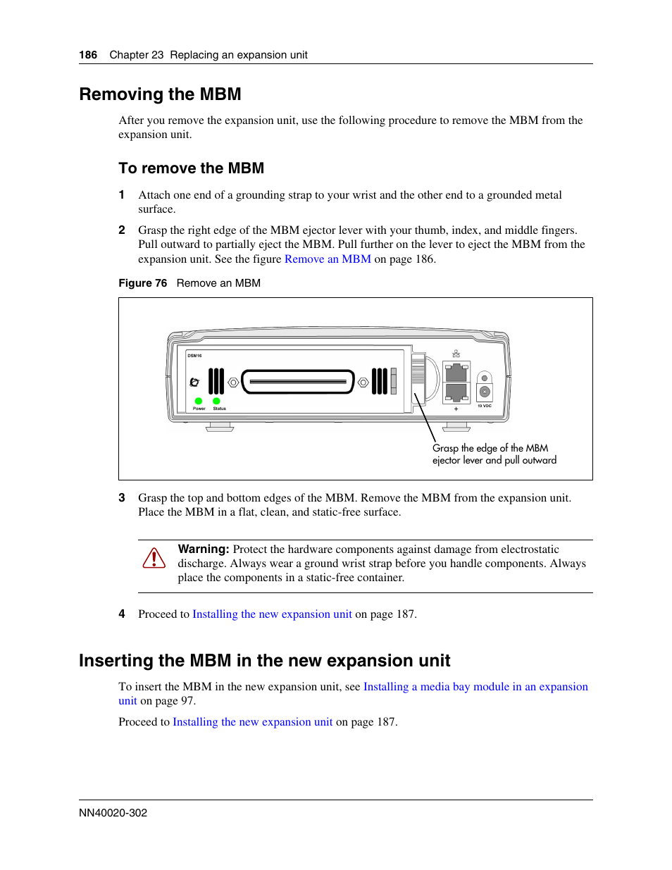Removing the mbm, Inserting the mbm in the new expansion unit, To remove the mbm | Proceed to | Nortel Networks BCM50 User Manual | Page 186 / 280