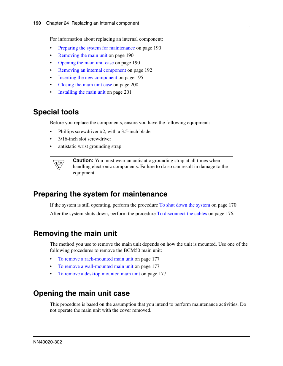 Special tools, Preparing the system for maintenance, Removing the main unit | Opening the main unit case | Nortel Networks BCM50 User Manual | Page 190 / 280